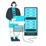 Person working on a laptop next to servers, representing the choice between hiring a domain and hosting