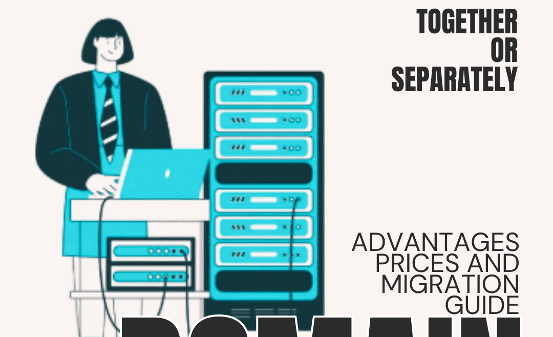 A person working on a laptop next to servers, representing the choice between purchasing a domain and hosting together or separately, with the Solidify Web logo.