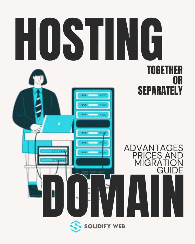 A person working on a laptop next to servers, representing the choice between purchasing a domain and hosting together or separately, with the Solidify Web logo.