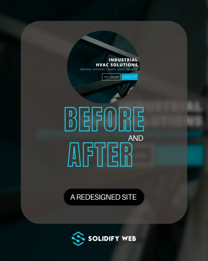 Graphic showing before and after a redesigned website with the Solidify Web logo
